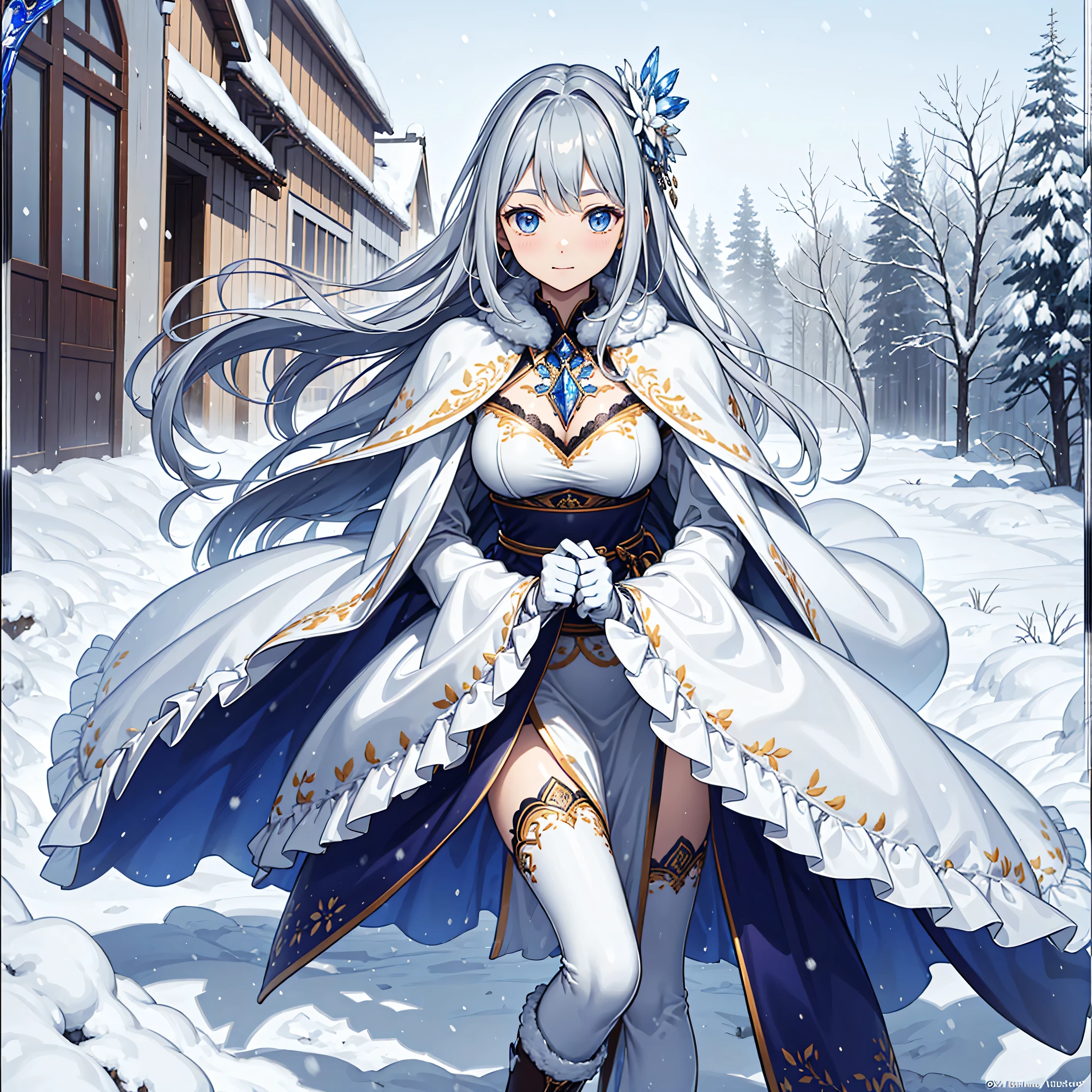 saint,sacred,Have fun,gentleness,(military shirt:1.1),long boots,Long gloves,(cotton robe),(There is winter:1.3),(Lots of dolls.:1.1),down jacket,(silver hair:1.1),E Blue Eyes,(Many ornaments made of ice:1.1),light gray border,light yellow pattern,sacred pattern,maximalism,Ruffle,lace,delicate embroidery,delicate pattern,(elaborate costume),The background is cold earth.,person only,Beautifully detailed face,(wind and snow affect:1.1),Enchanted