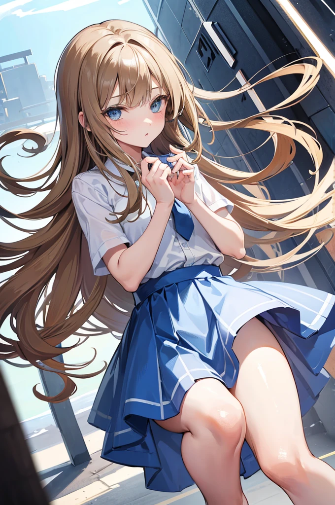 light and dull brown hair , exuberant hair , shot , side hair long , Reverse hime cut , sodomy ~ blue eyes , round eyes , white dress shirt , blue tie , blue skirt , bare legs , Black sneakers ,  