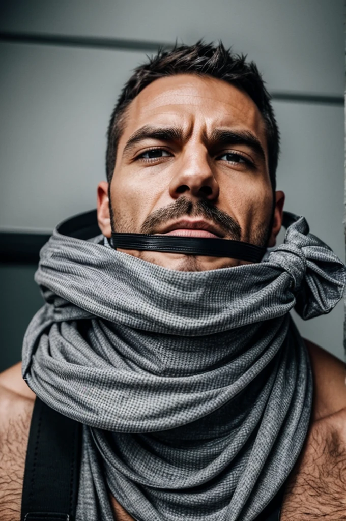 A man is tightly gagged with grey industrial duct tape, which is wrapped around his mouth, lips, and chin many times