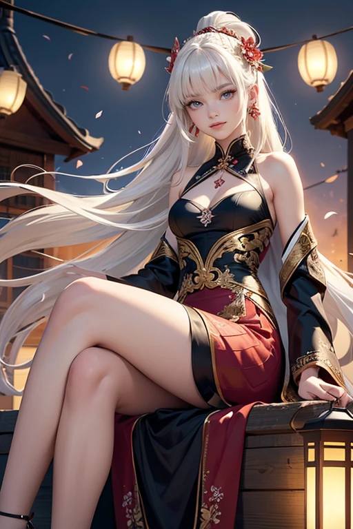 2girl, outside, garden, lily, white hair, long hair, braid hair, oriental dress, black and red dress, ornament hair, hair stick, chinesse style, sanctuary, temple, lanterns, night, dress, solo, flowing hair, floating hair, ornament hair, perfectly body, perfectly hands, on garden, petals, centered girl, black dress, more details on her clothes, dress with transparency, golden details, daylight, smiling, cape, ((4k, masterpiece, top-quality)),8k, best quality, high resolution, HD, (illustration:0.8), super cute girl, delicate and beautiful face, mature girl, super cute hairstyle, (beautiful detailed eyes:1.6), extremely detailed face, perfect lighting, extremely detailed CG, (perfect hands, perfect ???????), Best quality, cleavage, small skirt, full Body, two arms, two hands, two legs