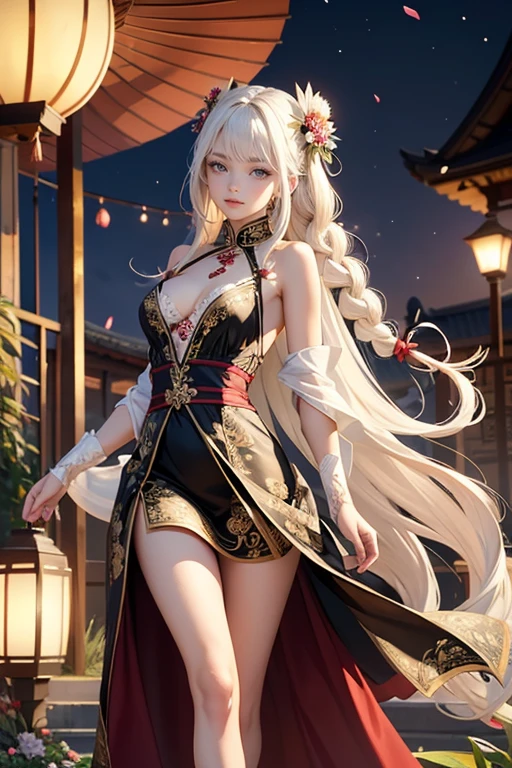 2girl, outside, garden, lily, white hair, long hair, braid hair, oriental dress, black and red dress, ornament hair, hair stick, chinesse style, sanctuary, temple, lanterns, night, dress, solo, flowing hair, floating hair, ornament hair, perfectly body, perfectly hands, on garden, petals, centered girl, black dress, more details on her clothes, dress with transparency, golden details, daylight, smiling, cape, ((4k, masterpiece, top-quality)),8k, best quality, high resolution, HD, (illustration:0.8), super cute girl, delicate and beautiful face, mature girl, super cute hairstyle, (beautiful detailed eyes:1.6), extremely detailed face, perfect lighting, extremely detailed CG, (perfect hands, perfect anatomy), Best quality, cleavage, small skirt, full Body, two arms, two hands, two legs