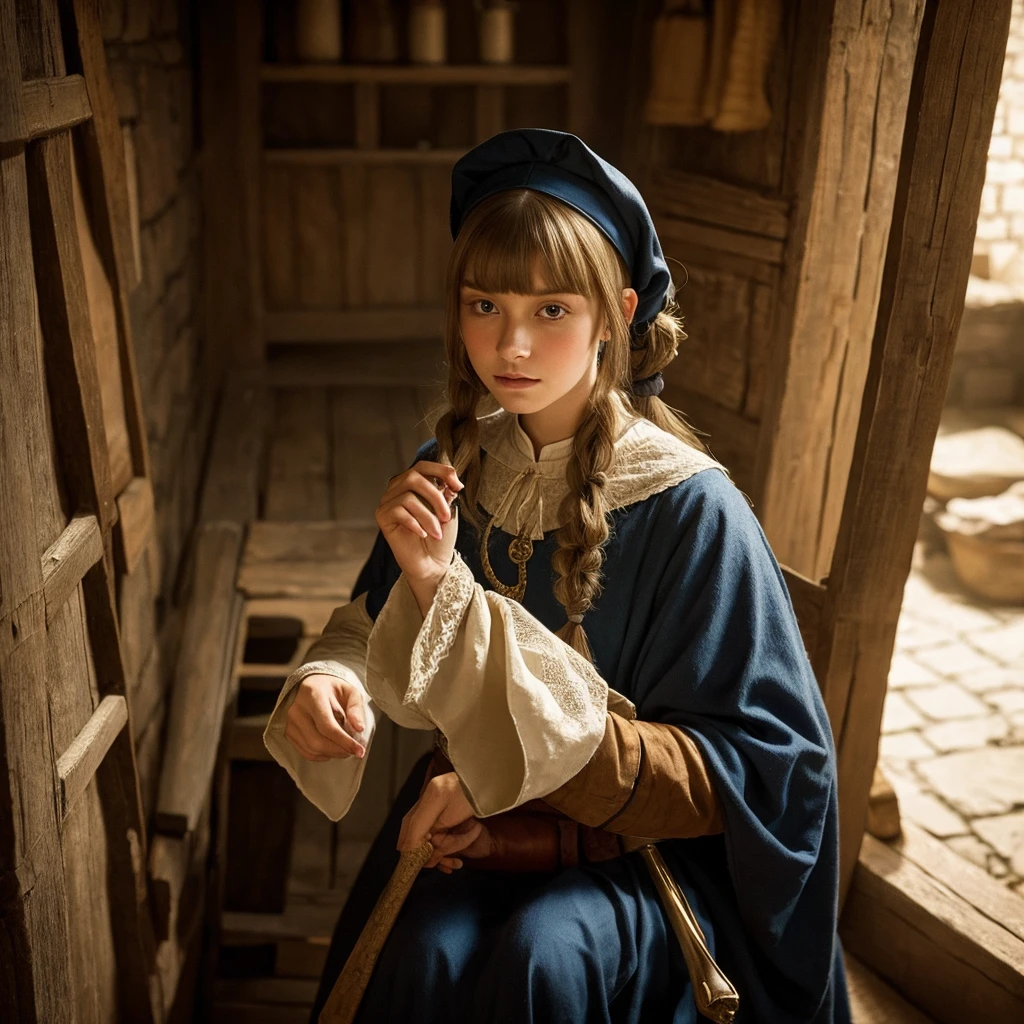 Medieval portrait, Medieval clothing and hairstyles, A touch reminiscent of Vermeer's paintings, Cut vegetables, One maid, Her hair is covered with a white hood, Profile of a man working seriously, Natural light through the window, A slightly dimly lit room