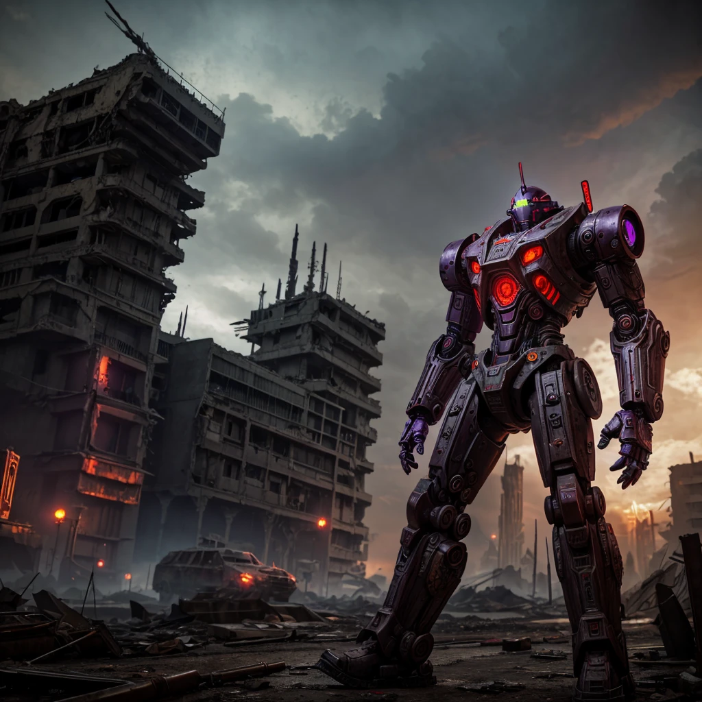 a red robot with purple eyes, war frame, steampunk, big guns, stalking along an alien ruined city, wasteland, detailed mechanical design, intricate metal plating, glowing purple eyes, intimidating stance, dystopian post-apocalyptic environment, crumbling buildings, debris, rubble, overcast sky, moody lighting, cinematic composition, photorealistic, 8k, hyper detailed, masterpiece