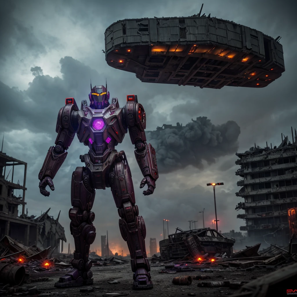 a red robot with purple eyes, war frame, steampunk, big guns, stalking along an alien ruined city, wasteland, detailed mechanical design, intricate metal plating, glowing purple eyes, intimidating stance, dystopian post-apocalyptic environment, crumbling buildings, debris, rubble, overcast sky, moody lighting, cinematic composition, photorealistic, 8k, hyper detailed, masterpiece