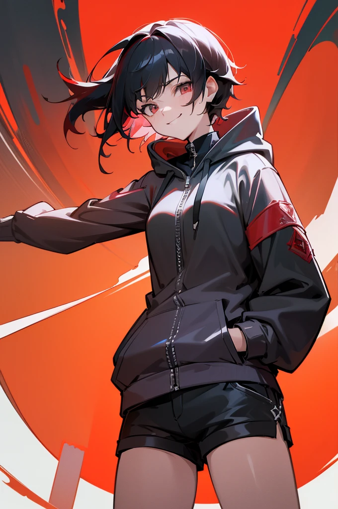 (Absurd, 8k, 4K, masterpiece, Extremely detailed:1.2), ((masterpiece,Highest quality)), Absurd, Ruby_rwby, alone, View your viewers, smile, Rubyローズ, Casual wear, hoodie, Erect nipples,Put your hands in your pockets, smile, Red gradient, Black Hair, Silver Eyes, Shorts,