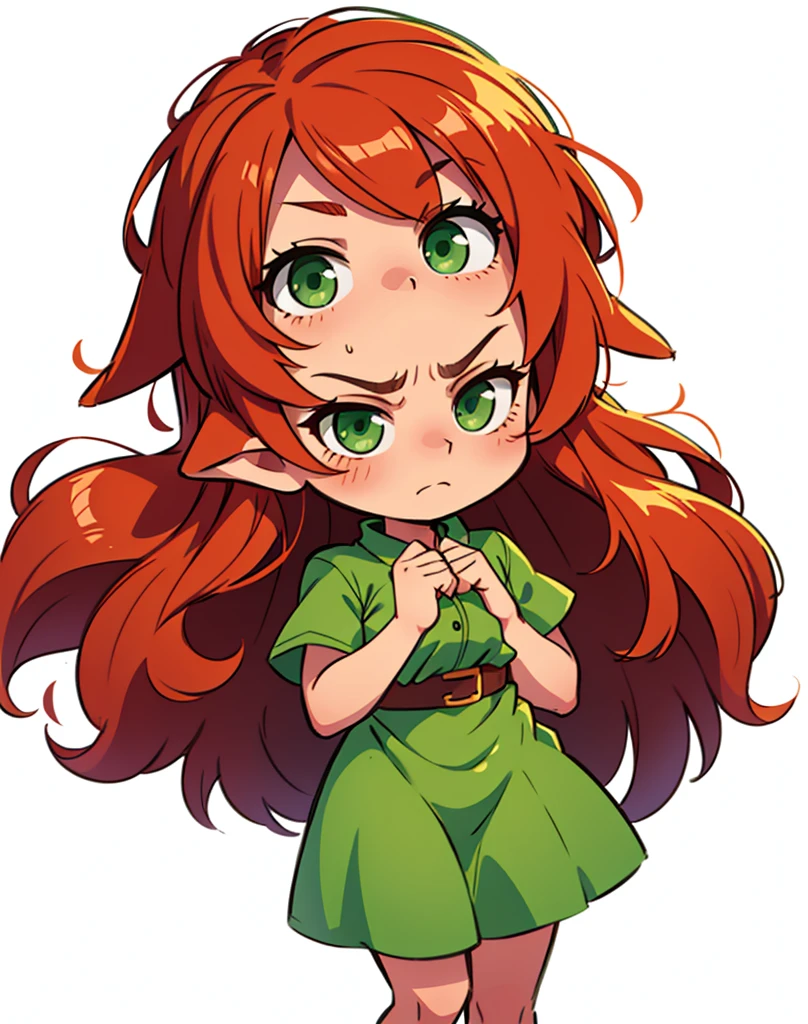 solo, chibi elf female, with long auburn hair, green eyes, slightly blushing cheeks, wearing a green dress, angry 