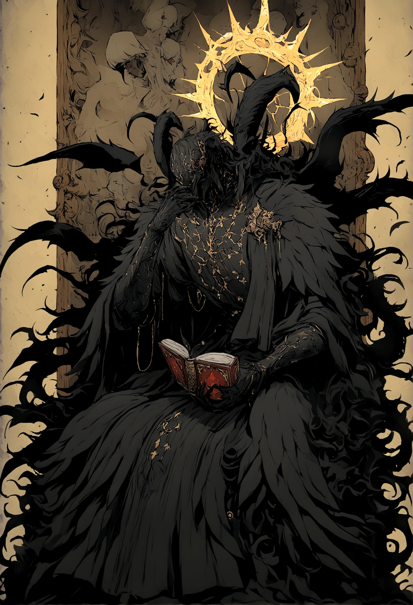 Obra de arte:1.2, melhor qualidade, ultra detalhado, macho, focado, celestial demon wizard, Jovem, serious, frio, horns on her head and a shining golden halo behind her symbolizing her celestial and demonic duality, two large black wings that combine bright plumes with a dark and threatening appearance, cabelo negro, estilo de kentaro miura, fantasia, SCI-FI, fundo claro, a painting of a man in a black robe sitting in a wheelchair, holding an open ancient magical book, Vista-o com vestes escuras e majestosas com detalhes dourados, cabelo negro, cabelos escuros, anjo demoniaco, plumas negras, asas negras grandes, inspired por Edmundo Blampied, inspired por Nicola Samori, inspirado em Pietro Longhi, por Nicola Samori, por Edmundo Blampied, Direction: Stephen Gammell, Estilo Stephen Gammell, figura sinistra ao fundo, Direction: Leonaert Bramer, Direction: Johann Kaspar Füssli .