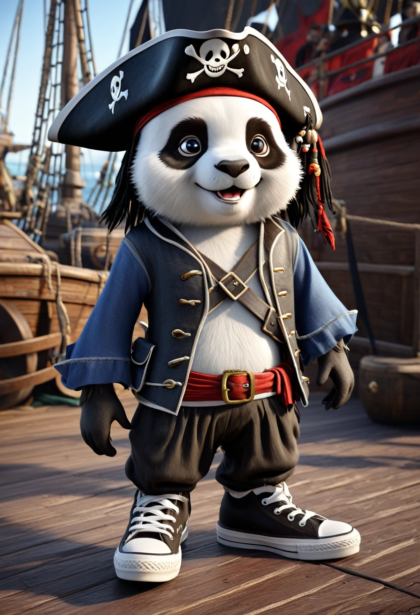anthropomorphic cute panda, charming smiling Jack Sparrow, wearing Chuck Taylor sneakers, and an eye patch , pirate hat, 3d cartoon character, pirate ship background, fantasy concept art, in style Greg Rutkowski, unreal engine, depth of field, ultra high quality model, intricate artwork masterpiece, golden ratio, trending on cgsociety, intricate, epic, trending on artstation, 32k, hdr