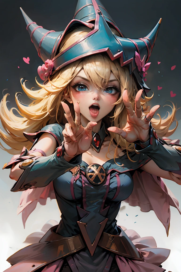 Hermosa dark magician gils. With his hands he makes the sign of love and peace. Tiene un ojo cerrado y el otro abierto, voca abierta sacando la lengua. Gesture of satisfaction and sensuality. Pose sexy 