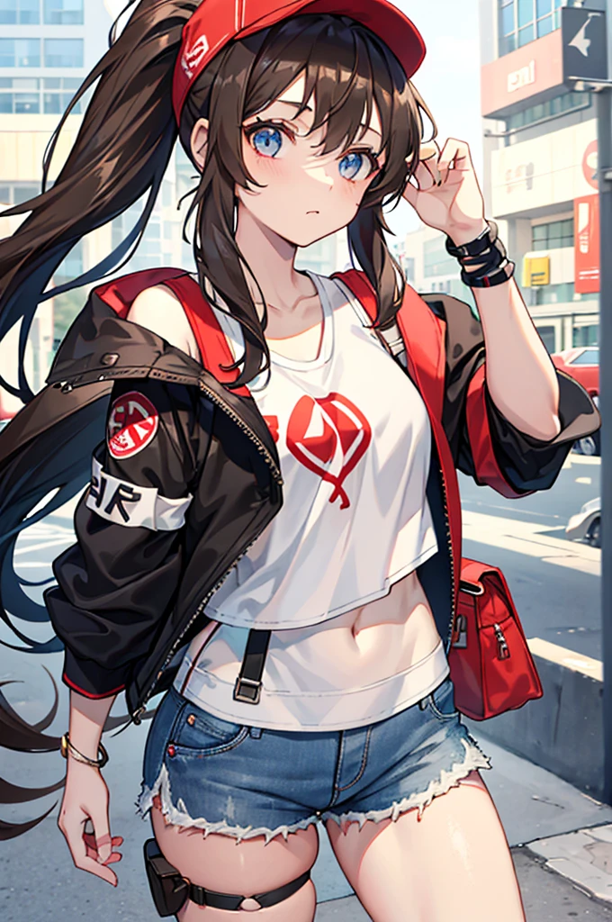 This character is a young girl with long brown hair tied in a high ponytail. She wears a white cap with a red symbol, a white tank top, a black sleeveless jacket, ripped denim shorts and black bracelets. She also has a gray shoulder bag. Her eyes are big and blue