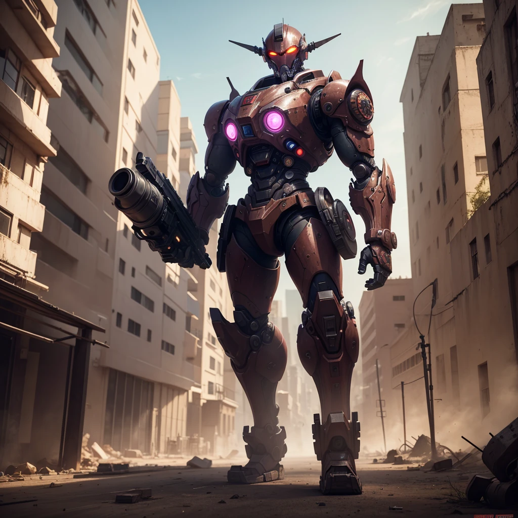 A red robot with purple eyes, war frame, steampunk, big guns. Stalking along an alien ruined city, wasteland
