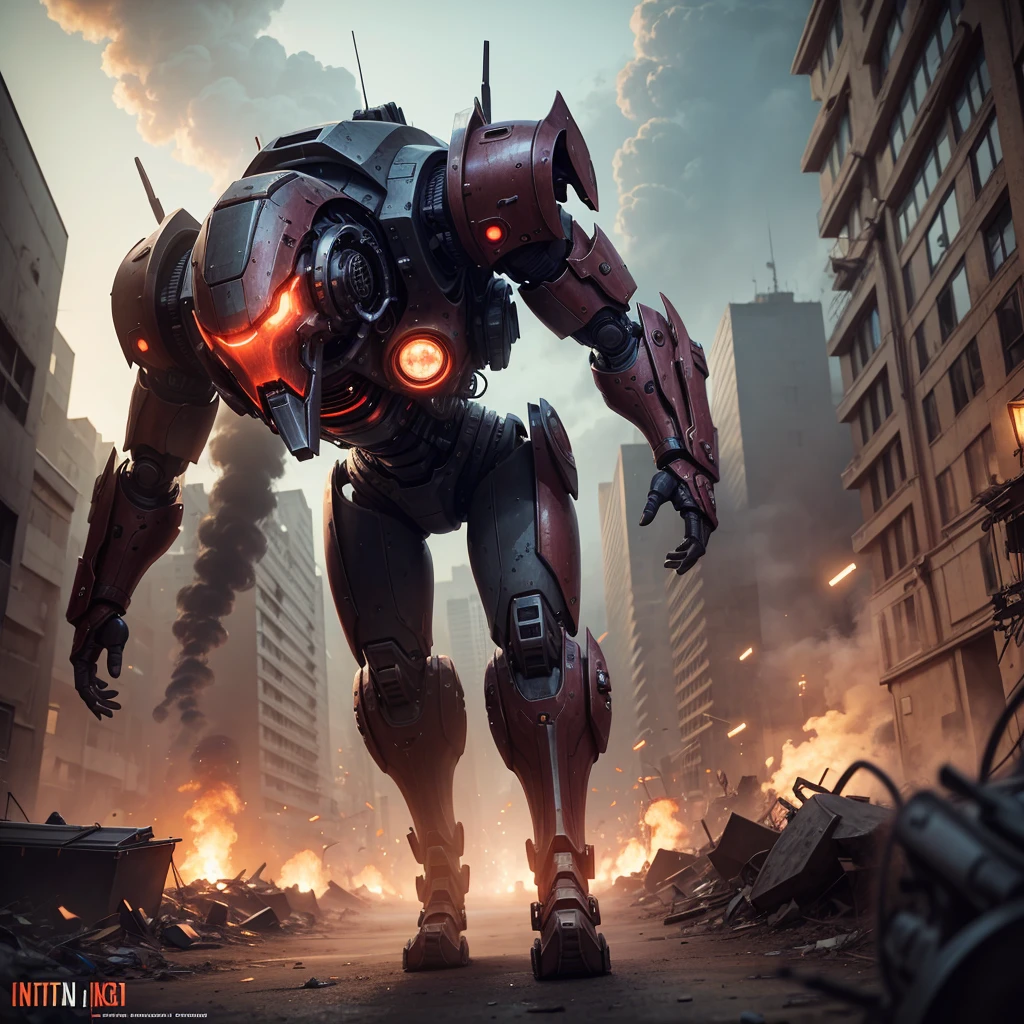 A red robot with purple eyes, war frame, steampunk, big guns. Stalking along an alien ruined city, wasteland