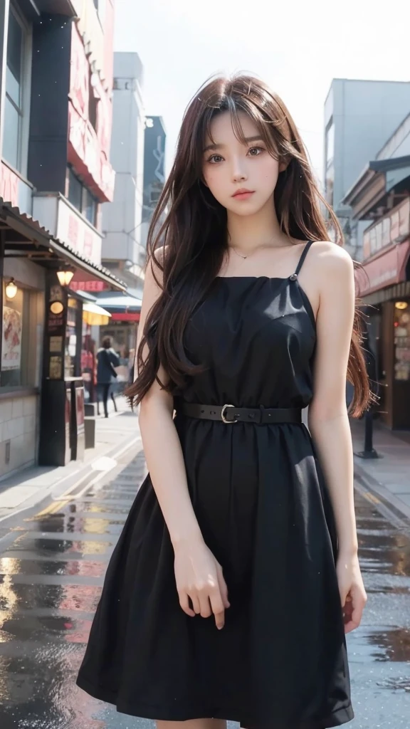 anime girl with long dark brown hair and brown eyes, and black dress in city, beautiful anime portrait, anime style portrait, portrait of an anime girl, anime style 4 k, beautiful anime girl, anime moe artstyle, anime visual of a cute girl, portrait anime girl, beautiful anime style, detailed portrait of anime girl, anime style. 8k, beautiful anime woman, portrait of anime girl, dark atmosphere vibe, rainy dusk