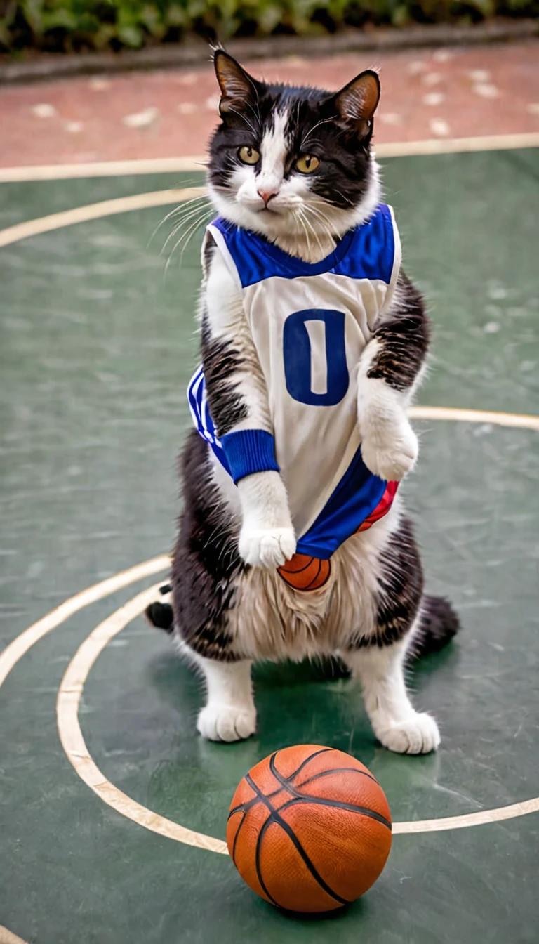 A sporty cat wearing a jersey, dribbling a small basketball on a miniature court, preparing to make a slam dunk.