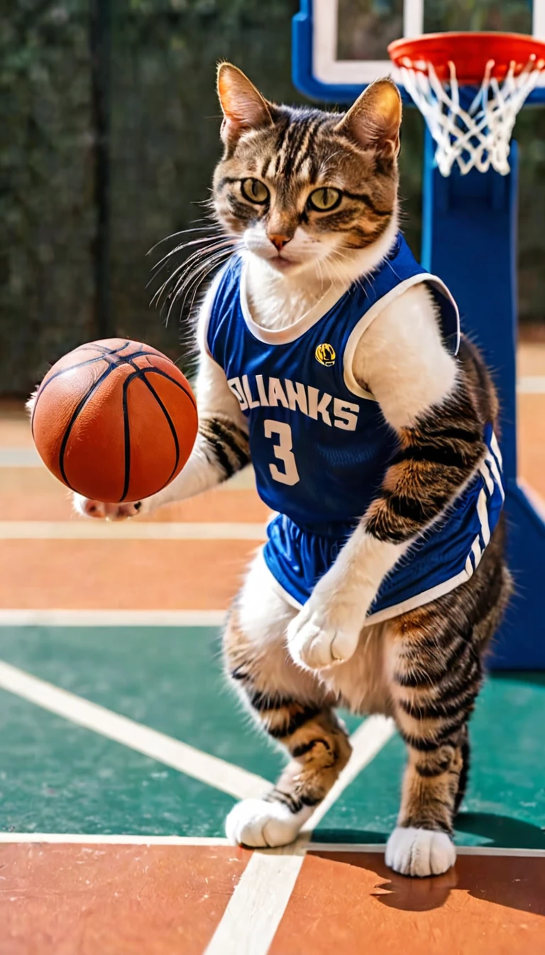 A sporty cat wearing a jersey, dribbling a small basketball on a miniature court, preparing to make a slam dunk.