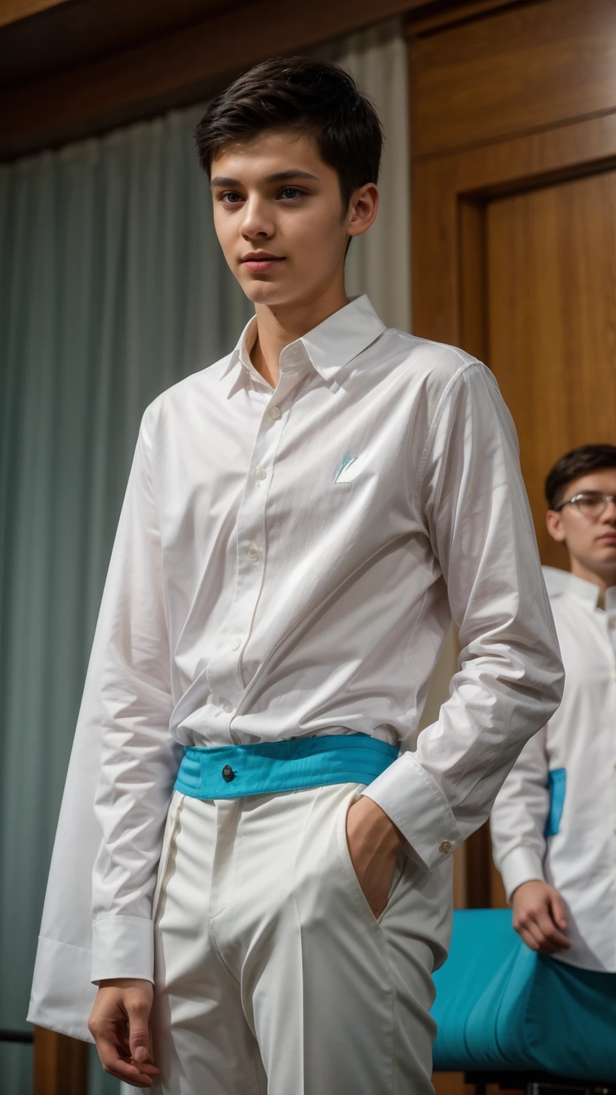 A cute, beautiful, black-haired male twink guy wearing a fancy white long-sleeved shirt and aqua blue pants. He is in his graduation speech, speaking while looking proud.