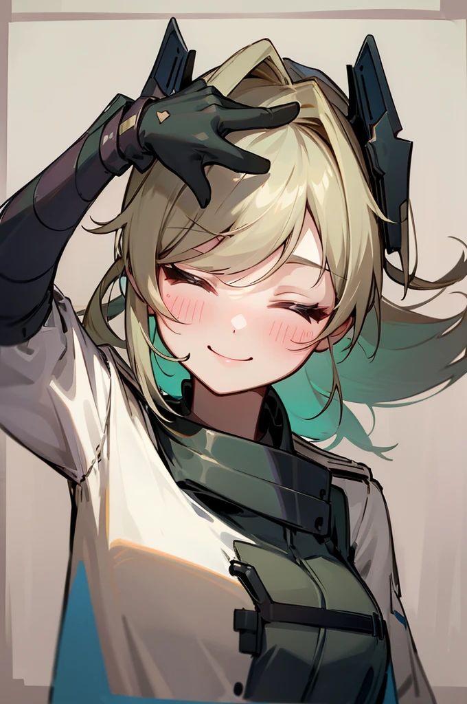 Highly detailed, High Quality, Masterpiece, beautiful, 1girl, solo, SwitchchanOutfit, (HeadpatPOV:1.5), smile, bright smile, head tilt, closed eyes, happy, blush,
