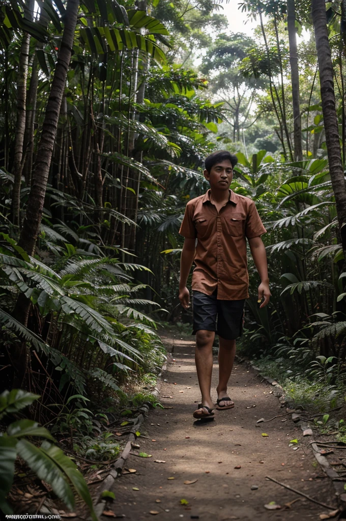 Jalan sempit di tengah hutan yang lebat. Pemandangan khas alam Indonesia. Detail dan natural