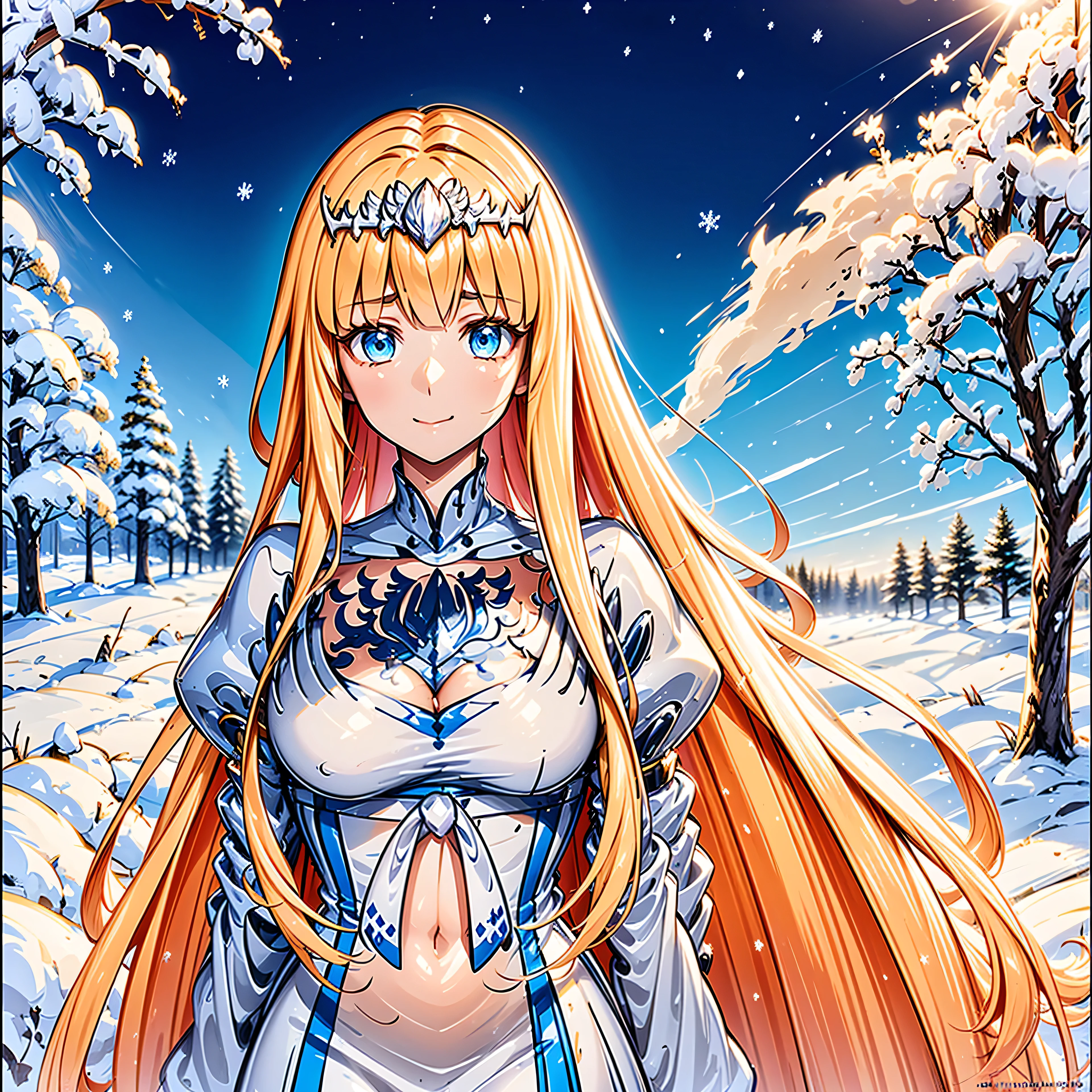 ,sacred, Have fun, gentleness,,(There is winter:1.3), Blue Eyes,maximalism,,The background is cold earth.,the person only, Beautifully detailed face,(wind and snow affect:1.1),Enchanted, 1girl, solo, Calca, Calca Bessarez, blonde hair, (extremely long hair:1.3), very long hair, white tiara, white dress, blue eyes, medium chest, long straight hair, mature female, 25 years old,