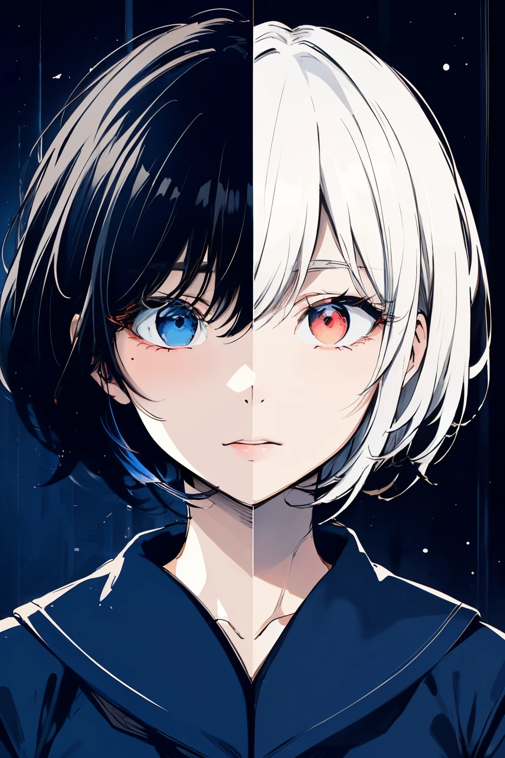 masterpiece,best quality,ultra-detailed,8k,high resolution,vulcn style, Black and Red,One Girl,(short hair:1.2),Highly detailed eyes,Highly detailed face,Very fine hair,masterpiece,Highest quality,(Left and right split theme:1.0),Without gaps,Heterochromia iridis,((2 tone hair:1.2)),(Chiaroscuro:1.2),(On the left are black hair and red eyes,On the right are white hair and blue eyes:1.2),(The sailor uniform is depicted in detail:1.2),The left side is a darker tone with orange highlights,Make the center line less noticeable