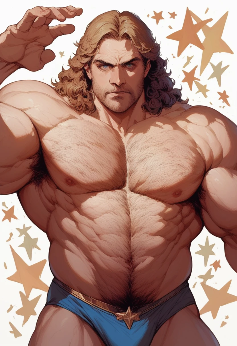 Brian Blessed as Prince Vultan, wearing speedo, massively muscular & hairy chest, masterpiece, dramatic film star pose