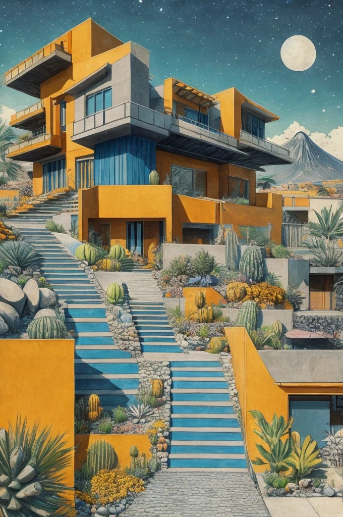 An illustration in collage style, with giant boulders, brutalist building sections, terraces, stairs, cacti, agave, concrete texture, multiple geometric shapes, hatch and cross hatching, planet saturn, volcano, moon, Luis Barragán's architectural style build, milky way galaxy, violet, one motorcycle, An illustration in collage style, with giant boulders, brutalist building sections, stairs, cacti, agave, concrete texture, multiple geometric shapes, hatch and cross hatching, planet saturn, volcano, moon, Luis Barragán's architectural style build, reflective pool, terraces. An elegant and modern build, in top of big boulders, with terraces, materials concrete, wood, steel and crystal, various gardens with tropical vegetation, cacti and rocks, stairs, a pool. In middle of sea, a big wave near, sunset, mountains and a volcano in the horizont, cute islands around, illustration format, cute color palette, detailed, masterpiece, award-winning work, clouds, Illustration, a garden with abundant cacti, ((various organic sculptures)), ((big rocks)), (((multiple sections))), collage style, detailed, (((color palette (olive green), (Mustard orange), cool grey, ((blue)), black and white))), (((a lot Luis barragán's architecture style builds))) big clouds, volcano in horizon, stairs, in the desert. ((masterpiece, best quality)),illustration,ultra detailed 8k, ((Ori Toor visual style)),soviet, megabuildings, megastructures, buildings, organic steel sculpture