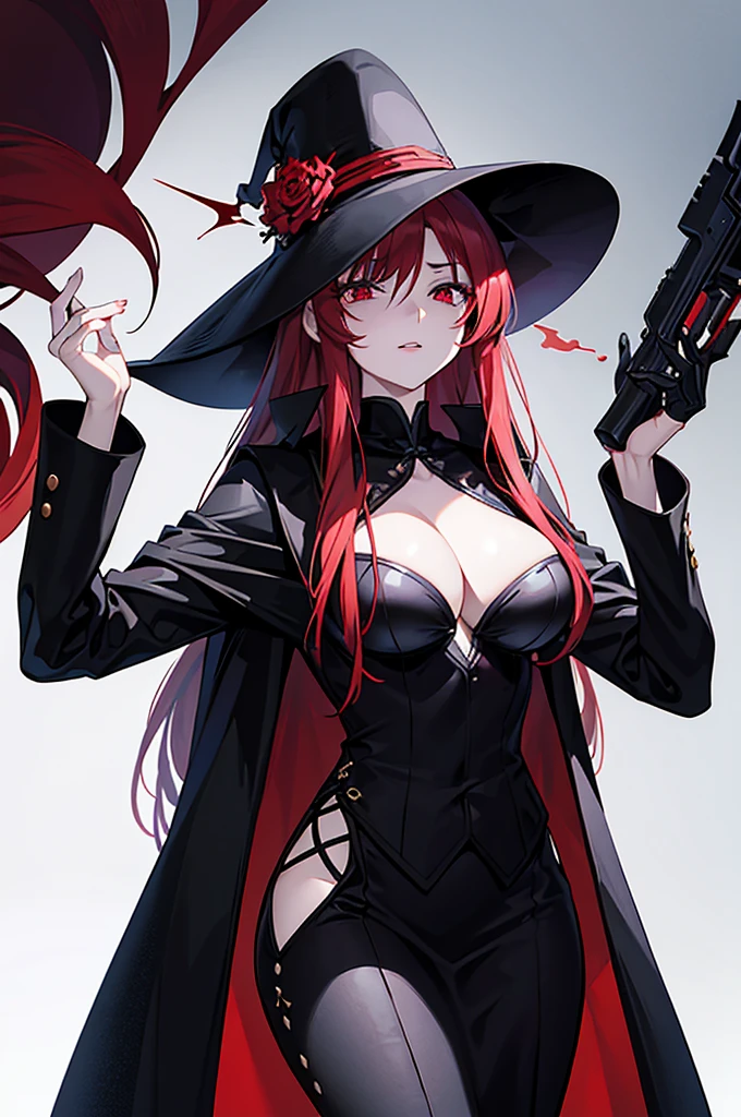 This character is a woman with an imposing and captivating appearance. She has long, flamboyant red hair that falls elegantly over her shoulders and down her back. His eyes are an intense red, adding an aura of mystery and danger. She has a pale complexion and fine facial features, with lips often drawn into a slight, enigmatic smile. She wears a sophisticated outfit, probably a dark uniform or suit, which reinforces her professional and serious appearance. His posture is straight and confident, exuding unwavering confidence.