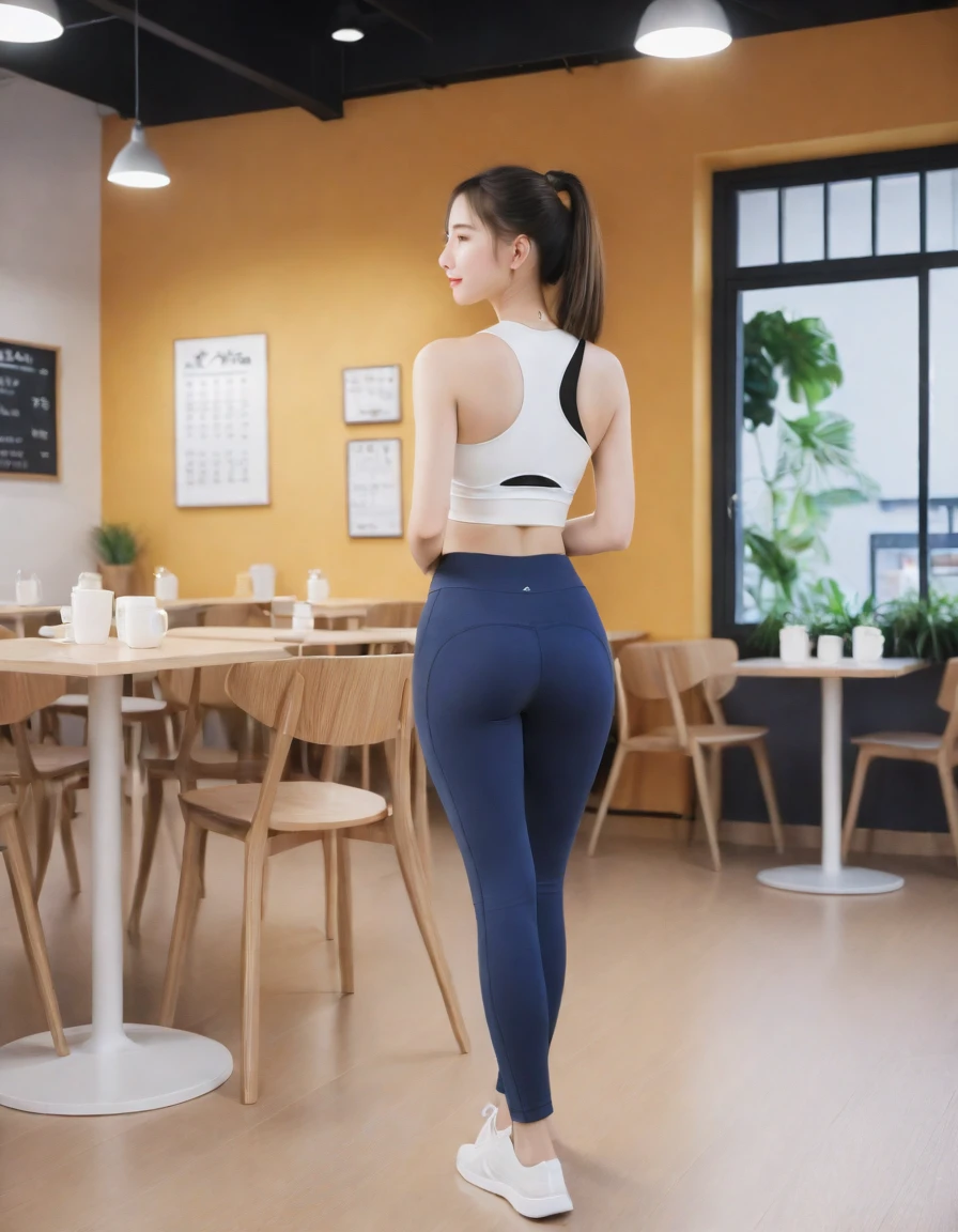 Uma obra-prima fotorrealista de uma garota parada em uma cafeteria, seen from behind. She is wearing yoga pants and a crop top, exuding a sense of casual elegance. High-quality rendering captures the intricate details of her outfit and the café environment, creating a realistic and vivid scene.