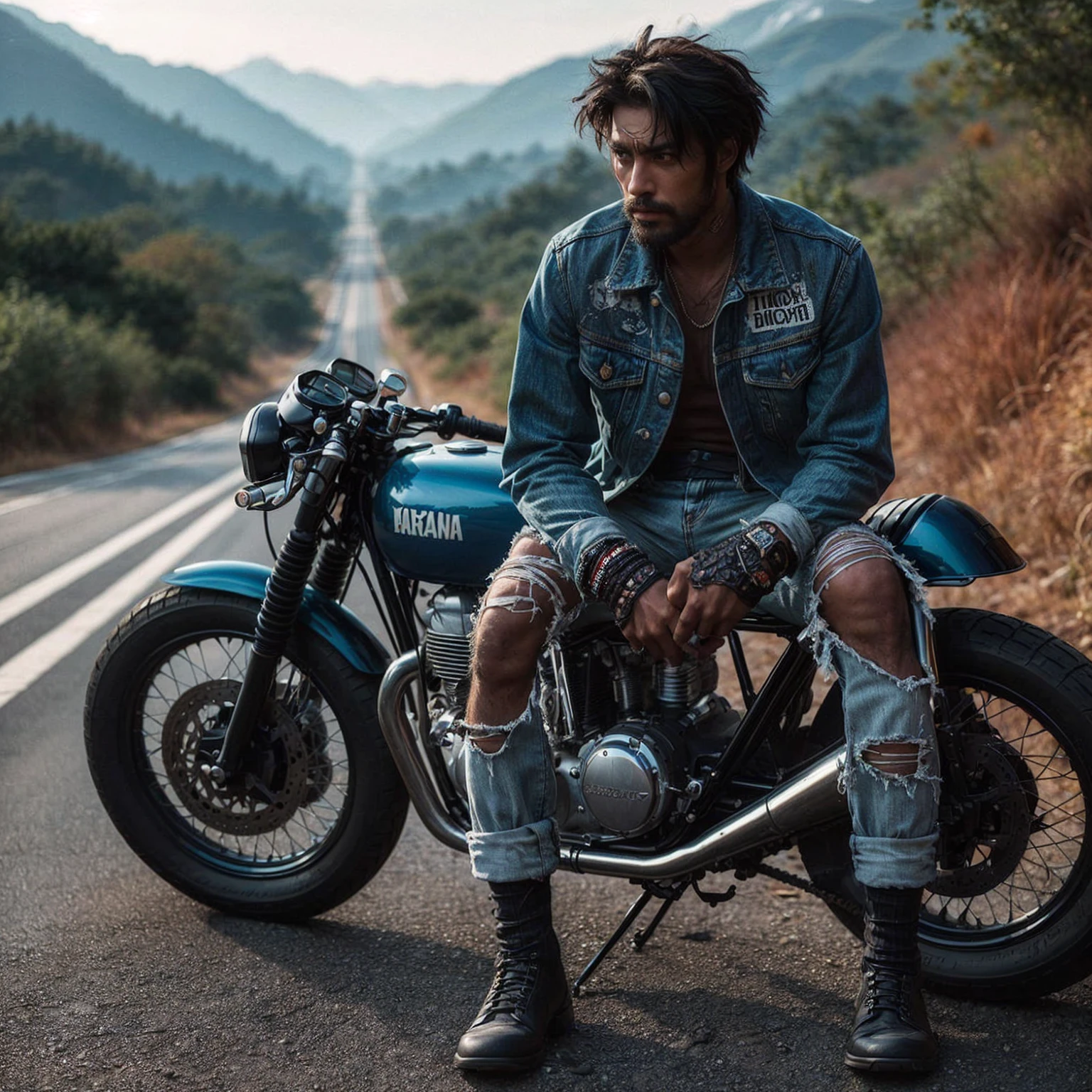 1980s, cafe racer, Harley Davidson, man, riders wear, beautiful face, torn pants, very intricate details, clean paint, single road in wilderness, realistic photo, taken with Fuji film X-T30+Nokton. HDR10