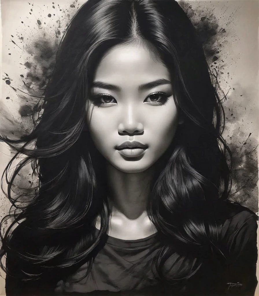 black charcoal art,Thai artist Thawan Duchanee uses black charcoal to create a portrait of a young woman's face.