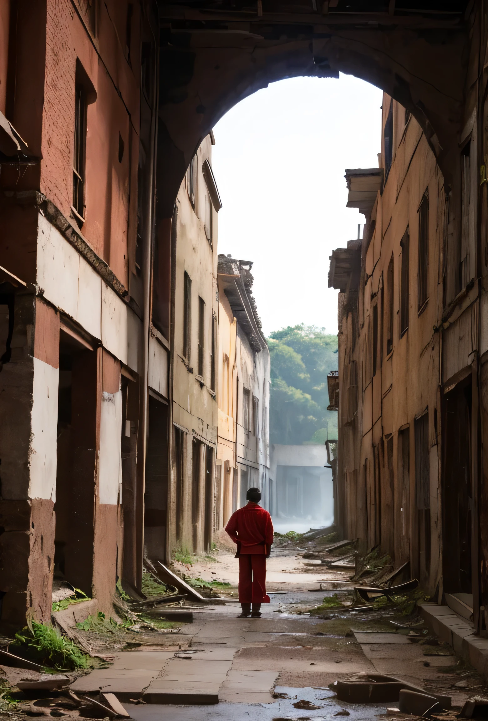 A row of weathered ruins stands in a world after civilization has collapsed.,A standing there,Red clothes