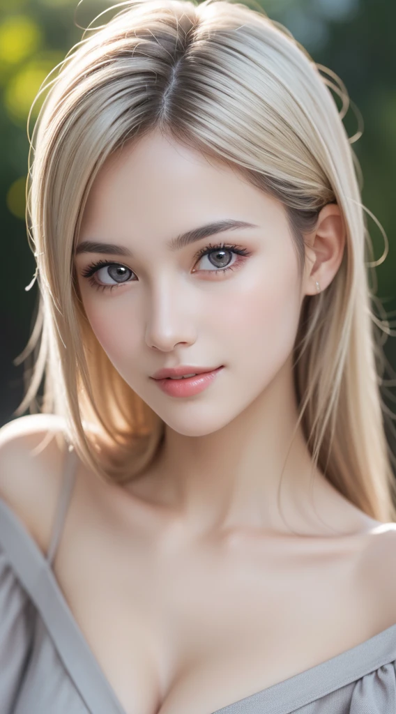 1 female, (Ultra Practical, high resolution), (Very detailed eyes, Highly detailed hair, Highly detailed face, Plump lips with rich details), (off shoulder with open breast), breast, Upper Body, Find a smile, Silver-blonde hair, (best quality:1.4), RAW photos, (Practical, photo-Practical:1.37), Professional photography, light, (Delicate face: 1.2),