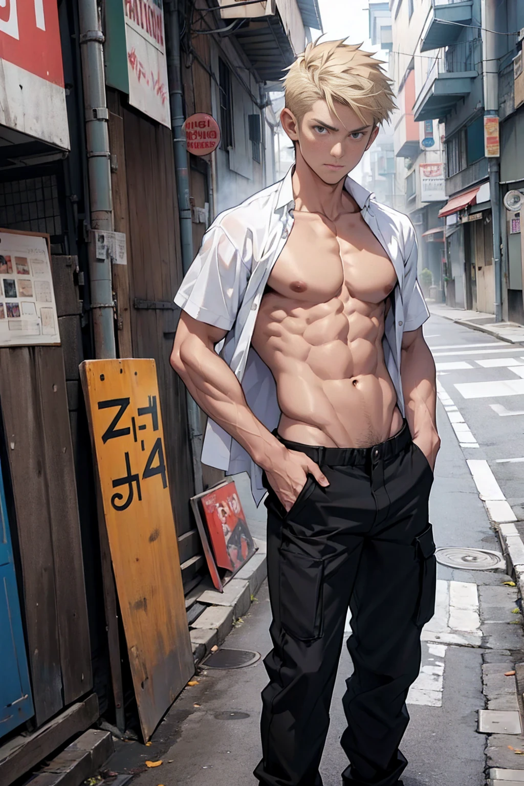 (corpo todo)(Photo angle from bottom to top) Garoto de anime, 13 anos, rosto fofo, solid body, wearing baggy black pants, standing, Hands in pockets, topless, sem camisa  , suor abundante escorrendo