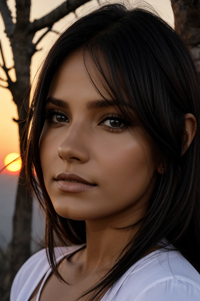Una mujer cabello ondulado rojiso oscuro blanca ojos negros muy hermosa viendo por un arcantilado un atardecer