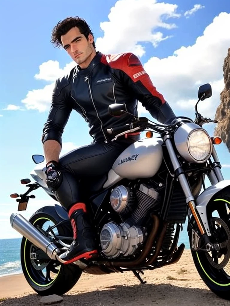 arafed man sitting on a motorcycle on a rocky beach, sitting on a motorcycle, motorbiker, picture of a male biker, eng kilian, biker, hev suit, lorenzo lanfranconi, dressed in biker leather, riding, henry cavill!!!, diego fazio, motorbike, photoshoot, sport, great masterpiece, by Ludovit Fulla, hasan piker