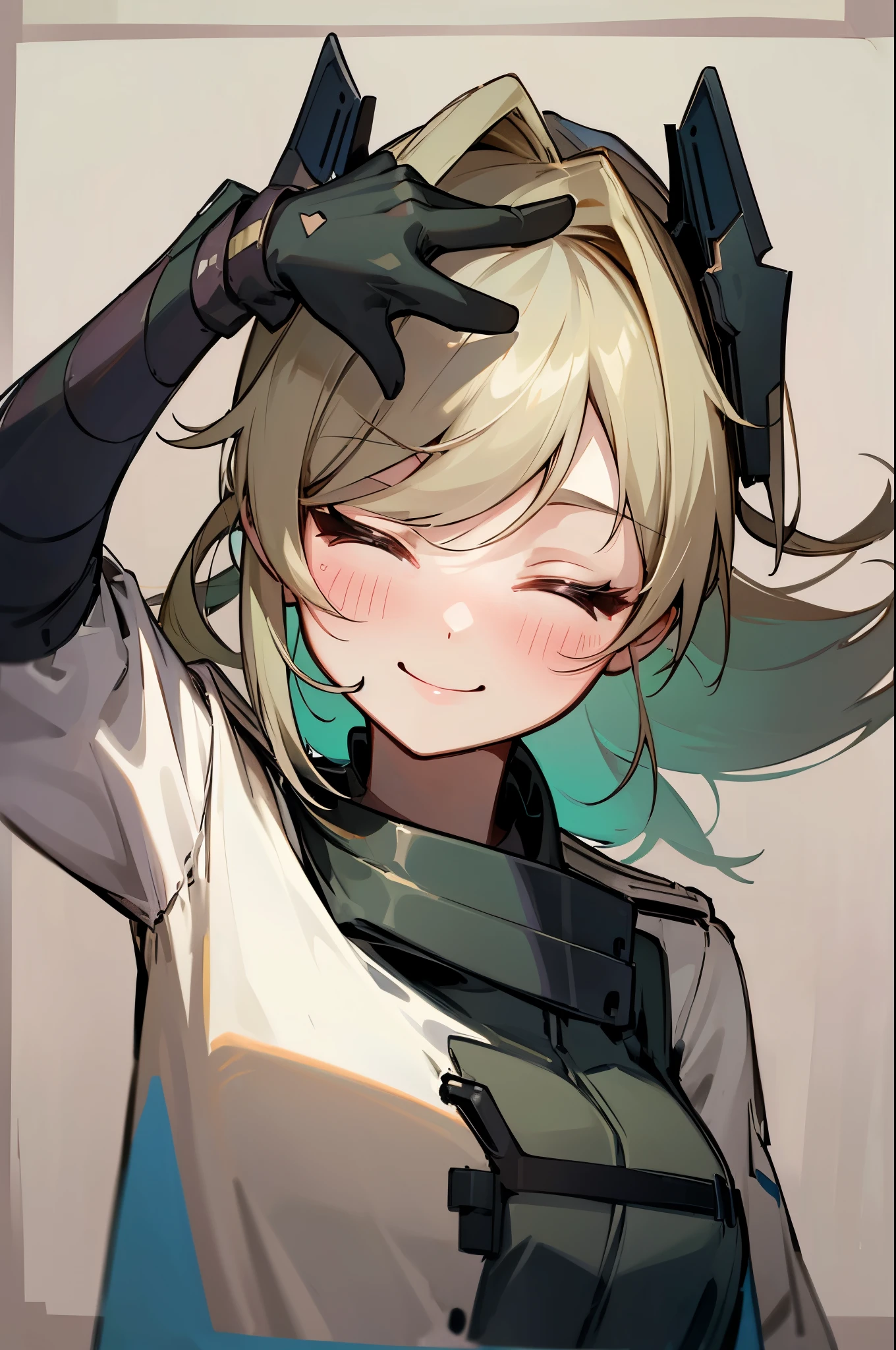 Highly detailed, High Quality, Masterpiece, beautiful, 1girl, solo, SwitchchanOutfit, (HeadpatPOV:1.5), smile, bright smile, head tilt, closed eyes, happy, blush,
