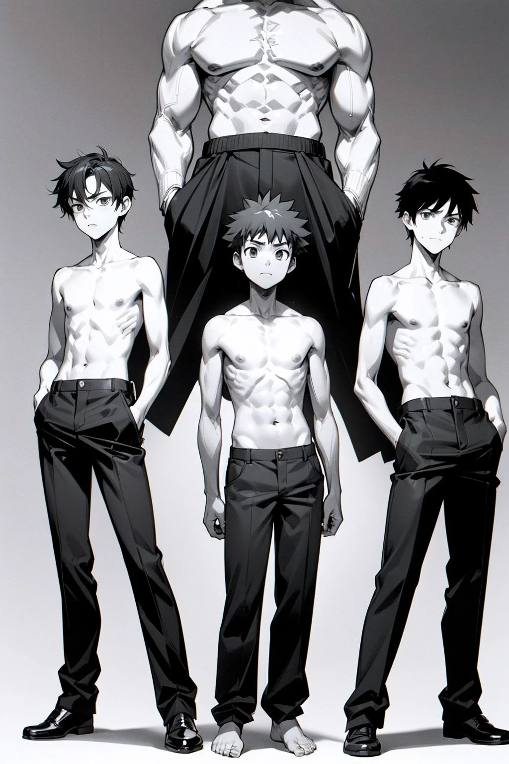 (corpo todo)(Photo angle from bottom to top) Garoto de anime, 13 anos, rosto fofo, solid body, wearing baggy black pants, standing, Hands in pockets, topless, sem camisa  , suor abundante escorrendo