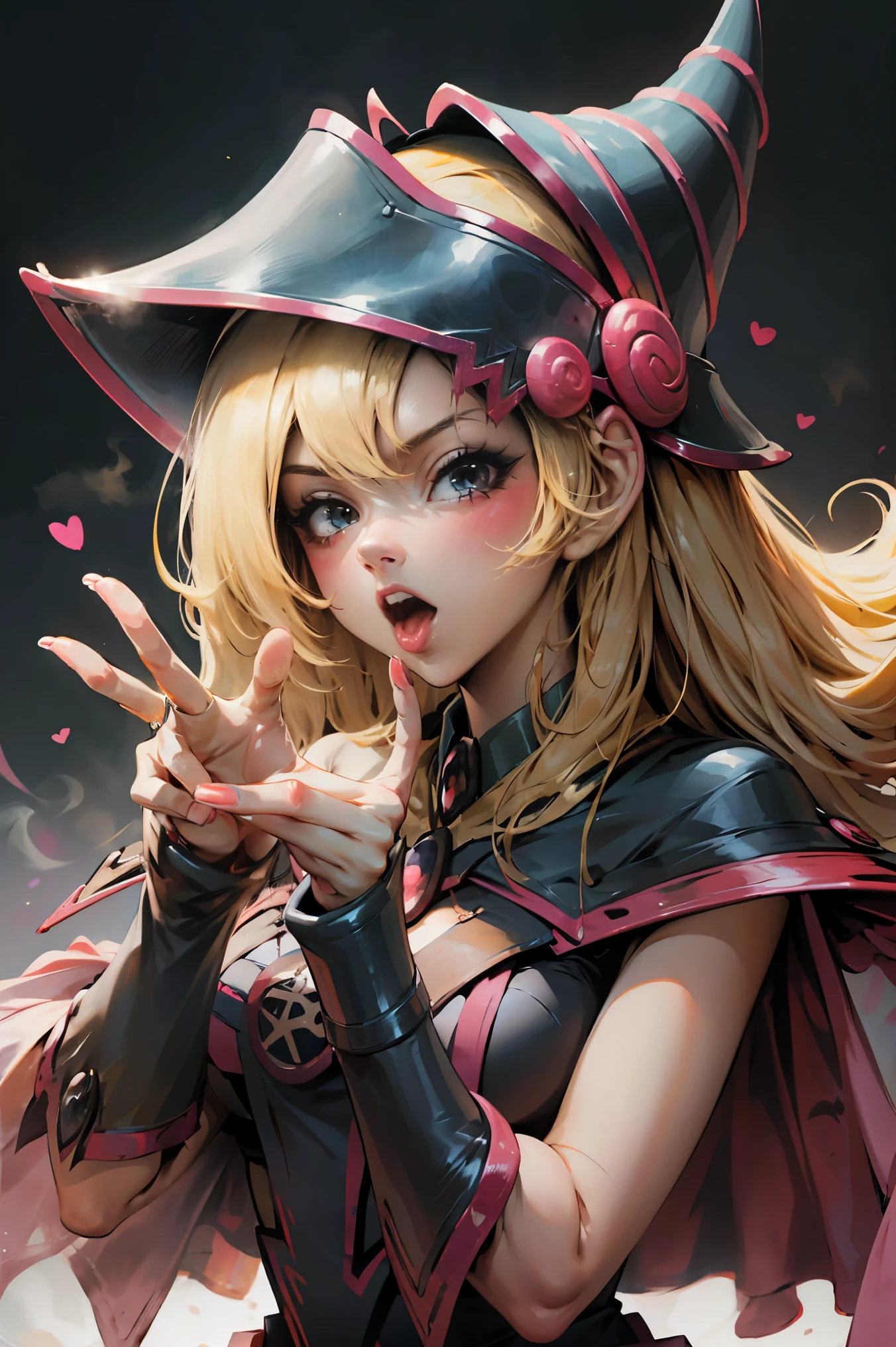 Hermosa dark magician gils. With his hands he makes the sign of love and peace. Tiene un ojo cerrado y el otro abierto, voca abierta sacando la lengua. Gesture of satisfaction and sensuality. Pose sexy