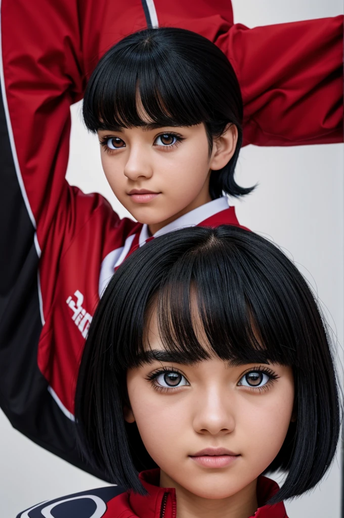 An 18 year old girl with short black hair and red eyes and wearing the UA uniform from my hero academia