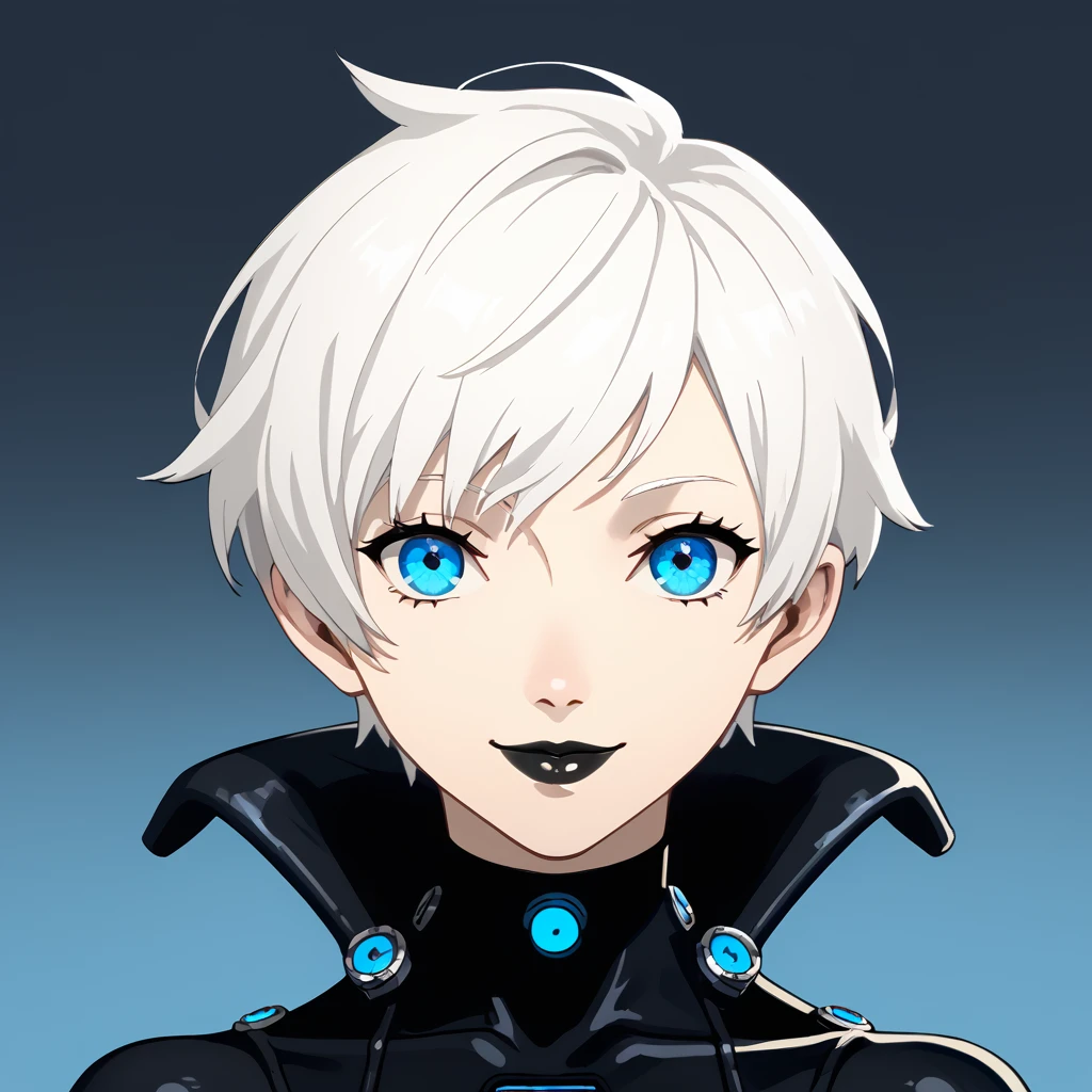 1 girl, blue eyes, very Short hair, black lipstick, white hair, female , tomboy Pixie haircut, gantz latex suit, Pixie haircut, shaven head, white hair, white hair,full body,POV,smiling,((sexy))
