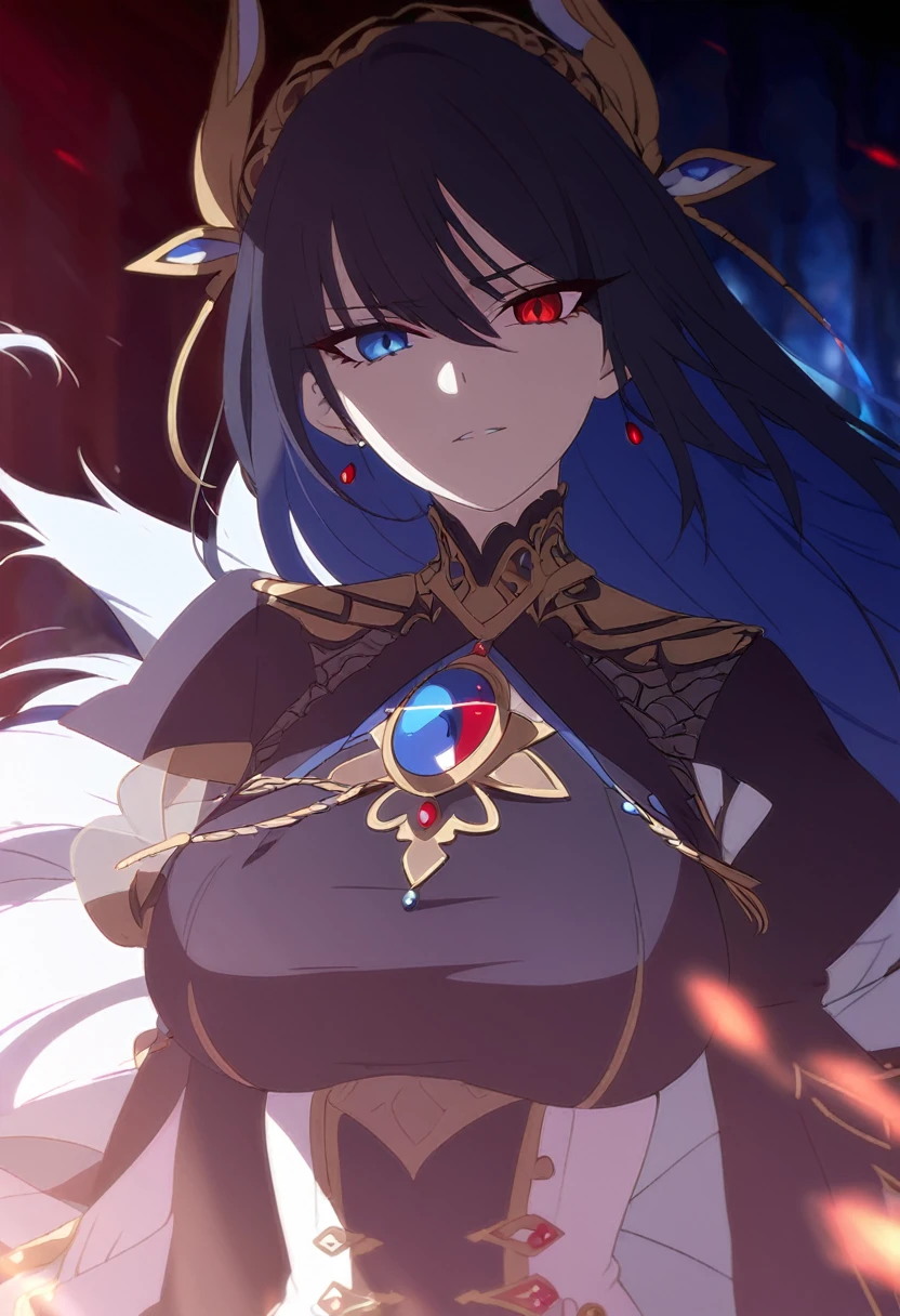 a beautiful blue and black kitsune, big breasts, Long blue and black hair, slim waist, detailed portrait, intricate details, chiaroscuro lighting, dramatic lighting, mystical, elegant, sensual, long white tail style, I would have heterochromia, one blue eye and one red eye., ((llevaria un arco)), ((saldria fuego de azul de uno de sus ojos)), I would be in an attack position