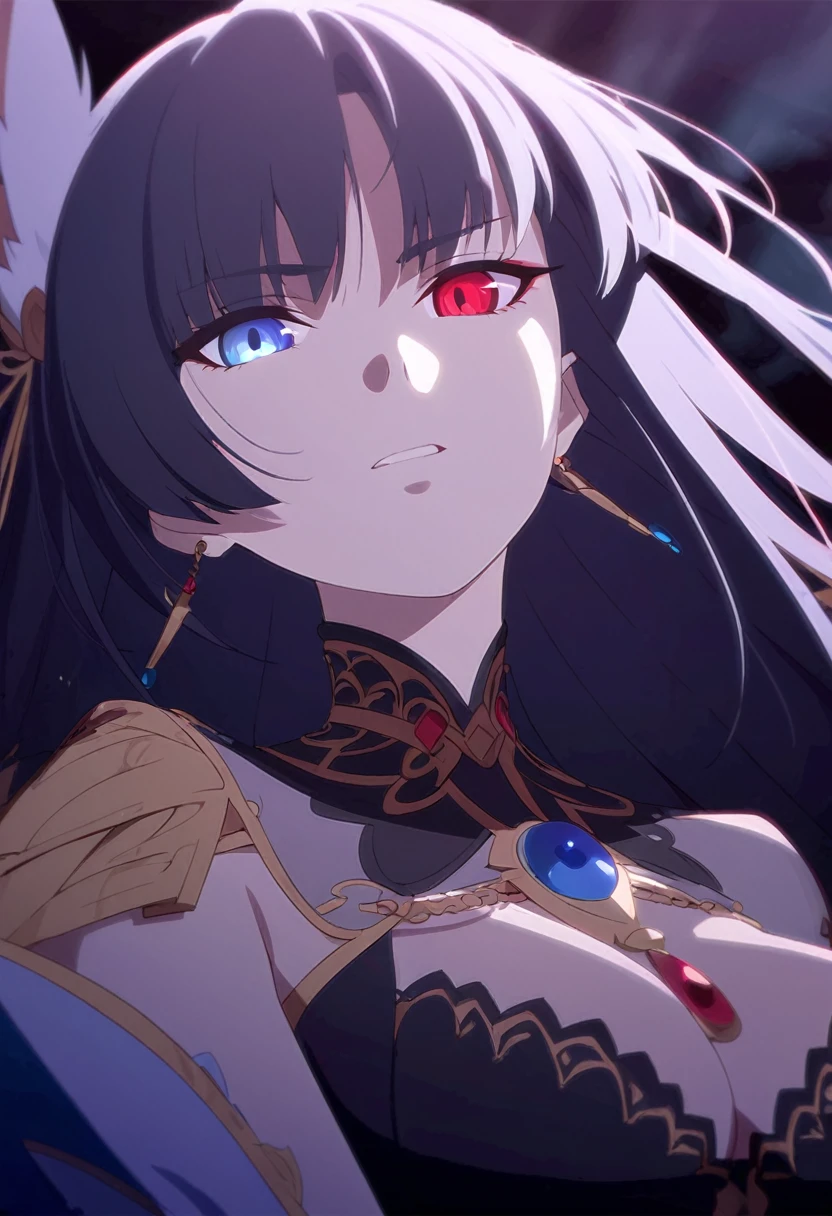 a beautiful blue and black kitsune, big breasts, Long blue and black hair, slim waist, detailed portrait, intricate details, chiaroscuro lighting, dramatic lighting, mystical, elegant, sensual, long white tail style, I would have heterochromia, one blue eye and one red eye., ((llevaria un arco)), ((saldria fuego de azul de uno de sus ojos)), I would be in an attack position