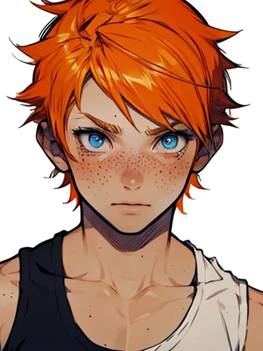 ((manga style)),Adolescent  With orange hair , wearing tank top shirt , BLUE pupils  , freckles on face , freckles On the shoulder