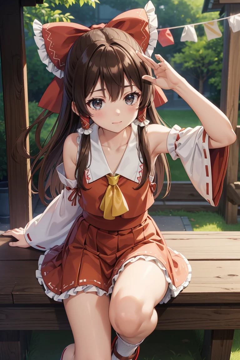 reimu hakurei, (Brown eyes:1.5), Brown Hair, bow, hair bow, Hair Tube, Long Hair, red bow, Side Lock,
Blake Ascot, Bare shoulders,Removable sleeves, embellished costume, Frills, kimono, Non-traditional Shrine Maiden, Red Skirt, Sandals, sarashi, mini skirt, socks, White sleeves, white socks, Wide sleeves,Bed、lie down、((I'm not wearing panties、Beautiful genitals))、(((Open your legs wide)))
BREAK Watch Viewers,blush、Surprise face、
Outdoor rest, shrine,Cowboy Shot,Smile Break (masterpiece:1.2), Highest quality, High resolution, unity 8k wallpaper, (figure:0.8), (Beautiful attention to detail), Highly detailed face, Perfect lighting, Highly detailed CG, (Perfect hands, Perfect Anatomy),Dynamic pose,