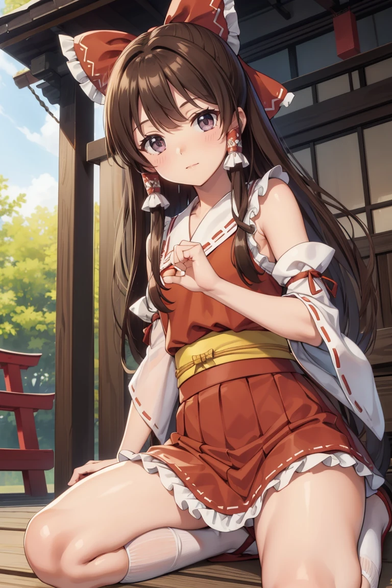 reimu hakurei, (Brown eyes:1.5), Brown Hair, bow, hair bow, Hair Tube, Long Hair, red bow, Side Lock,
Blake Ascot, Bare shoulders,Removable sleeves, embellished costume, Frills, kimono, Non-traditional Shrine Maiden, Red Skirt, Sandals, sarashi, mini skirt, socks, White sleeves, white socks, Wide sleeves,Bed、lie down、((I'm not wearing panties、Beautiful genitals))、(((Open your legs wide)))
BREAK Watch Viewers,blush、Surprise face、
Outdoor rest, shrine,Cowboy Shot,Smile Break (masterpiece:1.2), Highest quality, High resolution, unity 8k wallpaper, (figure:0.8), (Beautiful attention to detail), Highly detailed face, Perfect lighting, Highly detailed CG, (Perfect hands, Perfect Anatomy),Dynamic pose,