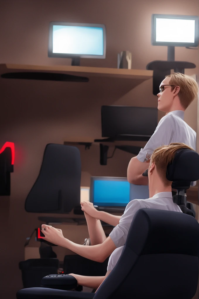 make aside view of a aethetic mans gaming room with less light and some leds 
ass a 19yr white german boy with medium lenght hair in a gaming chair


