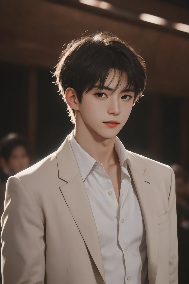 Handsome man portrait, Shoot with Leica, shadow play, Gorgeous lighting, Subtle pastel tones, indoor，Wearing a white shirt，Black suit，Looking at the audience，deep feeling