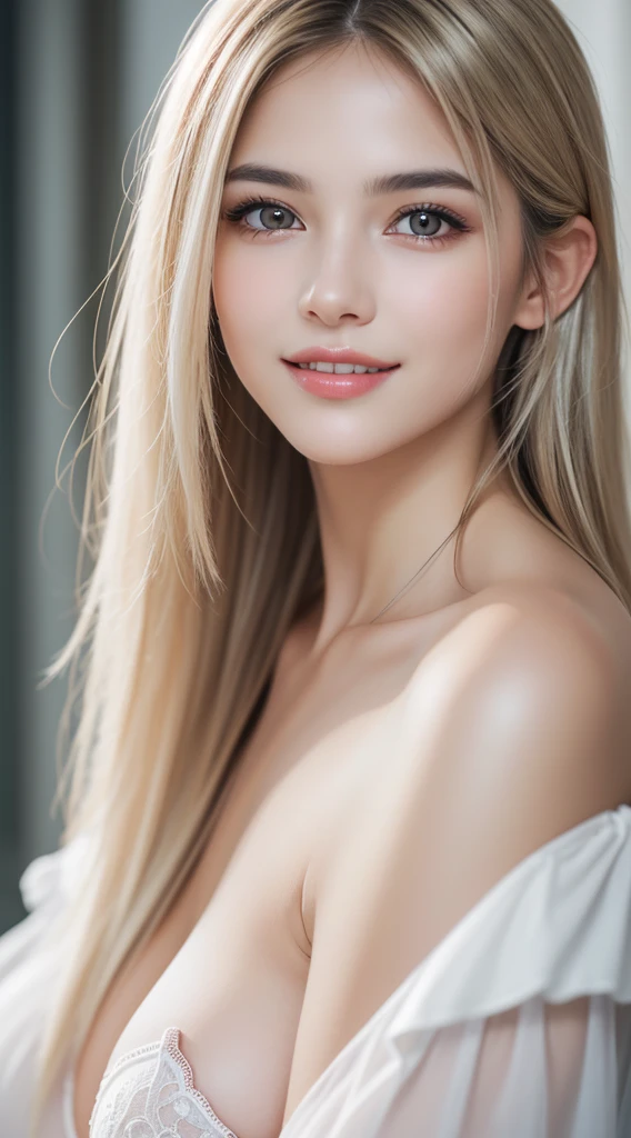 1 female, (Ultra Practical, high resolution), (Very detailed eyes, Highly detailed hair, Highly detailed face, Plump lips with rich details), (off shoulder with open breast), breast, Upper Body, Find a smile, Silver-blonde hair, (best quality:1.4), RAW photos, (Practical, photo-Practical:1.37), Professional photography, light, (Delicate face: 1.2),