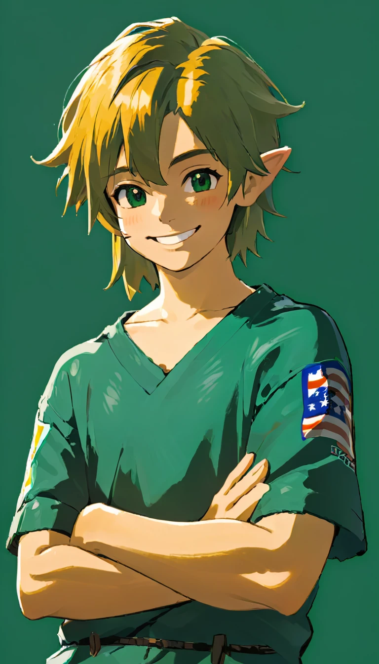 A 20 year old boy smiling with his arms crossed . Ele usa manto de feiticeiro. fundo verde. olhando reto para frente