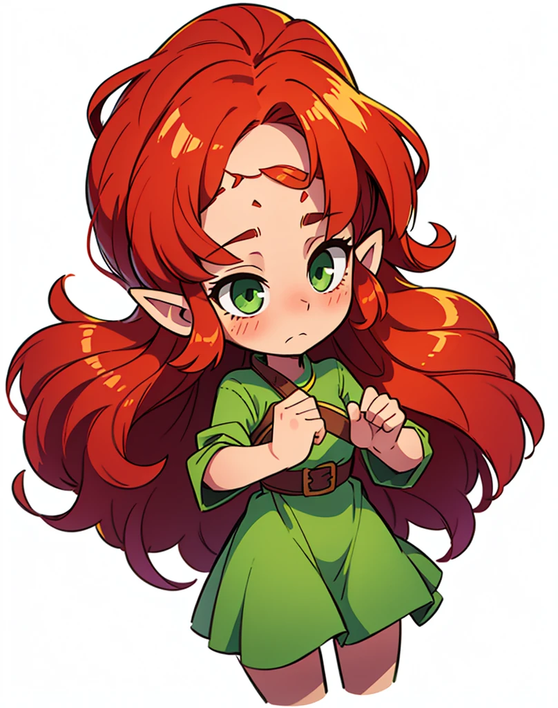 a elf female, long auburn red hair, green eyes, slightly blushing cheeks, wearing a green dress, sad